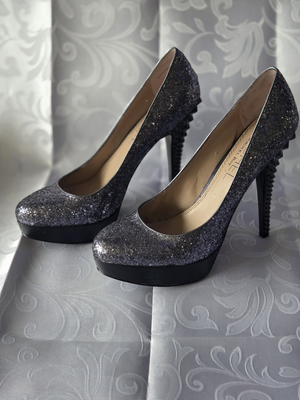 RACHEL Roy Black/Silver Glitter Platform Stiletto Pumps